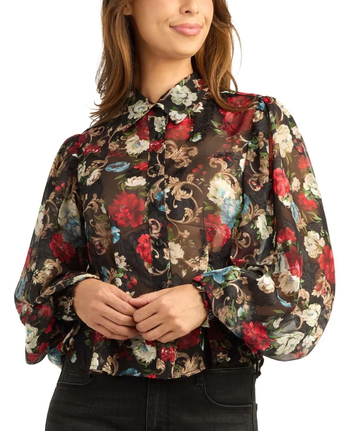Floral-Print Long-Sleeve Burnout Blouse by Bcx
