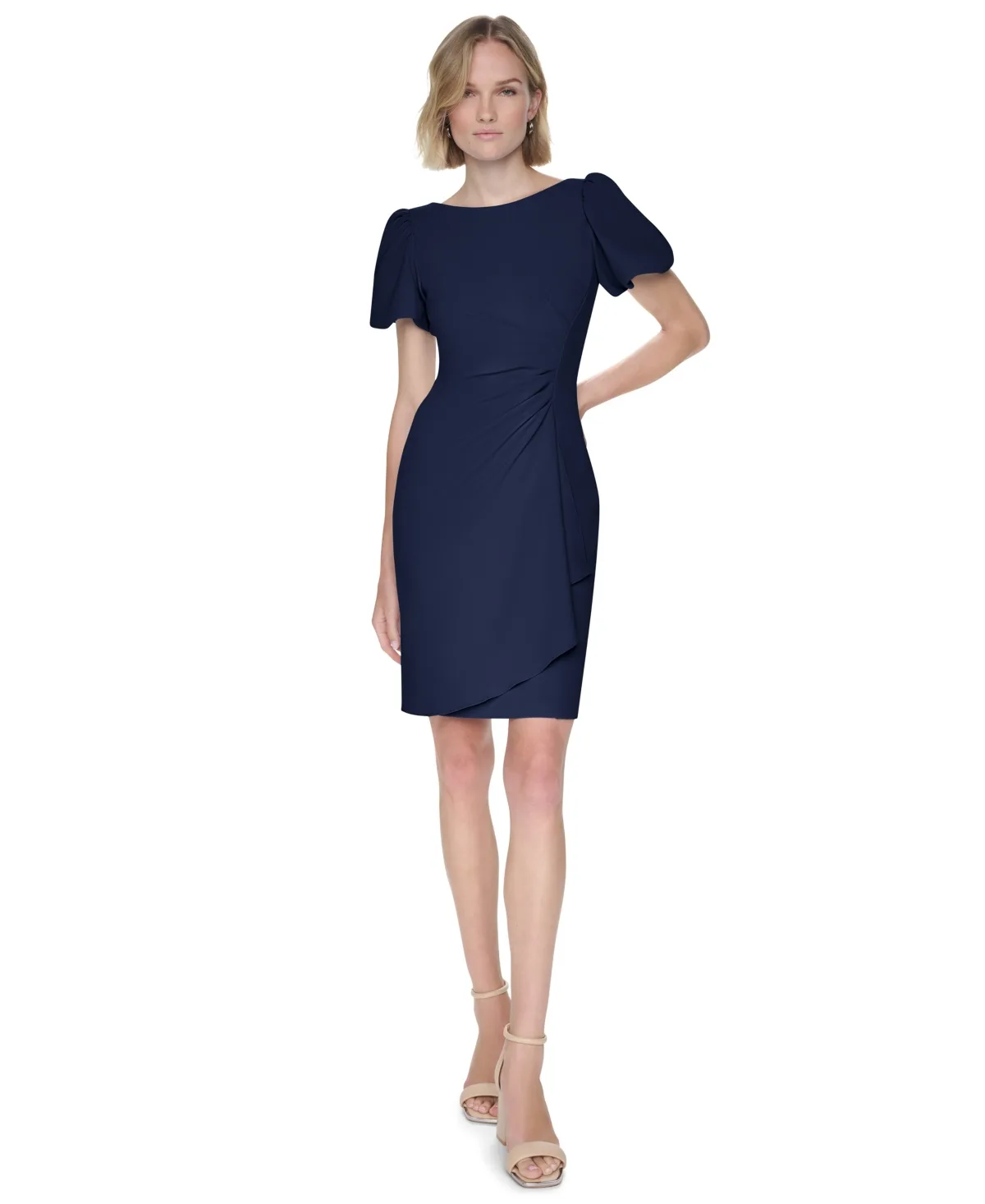 Bubble Sleeve Ruched Jewel Neck Sheath Dress