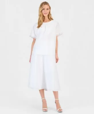 Linen Blend Pleat Neck Blouse Pull on a Line Midi Skirt by Anne Klein