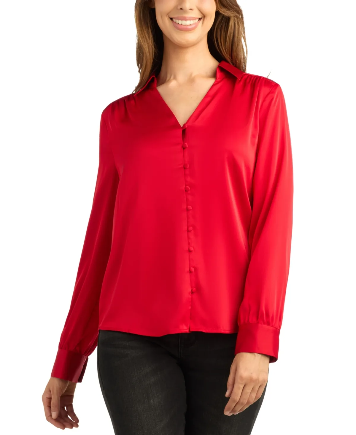 Stretch-Satin Long-Sleeve Button-Front Blouse by Bcx