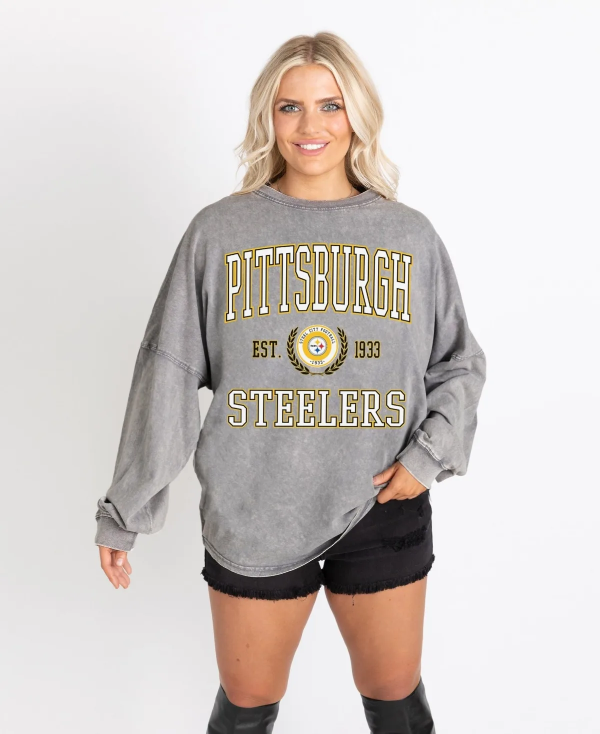 Pittsburgh Steelers Oversized Final Score Snow Wash Long Sleeve T-Shirt by Gameday Couture