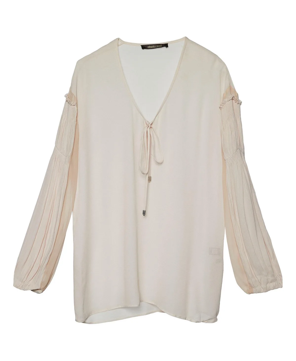 Pre-Owned Roberto Cavalli Tie-Neck Pleated Sleeve Crepe Blouse by Roberto Cavalli
