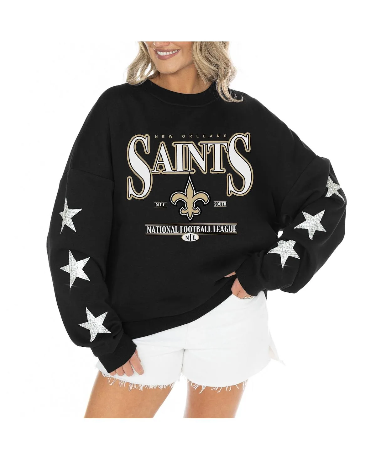 New Orleans Saints Rhinestone Star Sleeve Settle the Score Oversized Tri-Blend Pullover Top by Gameday Couture