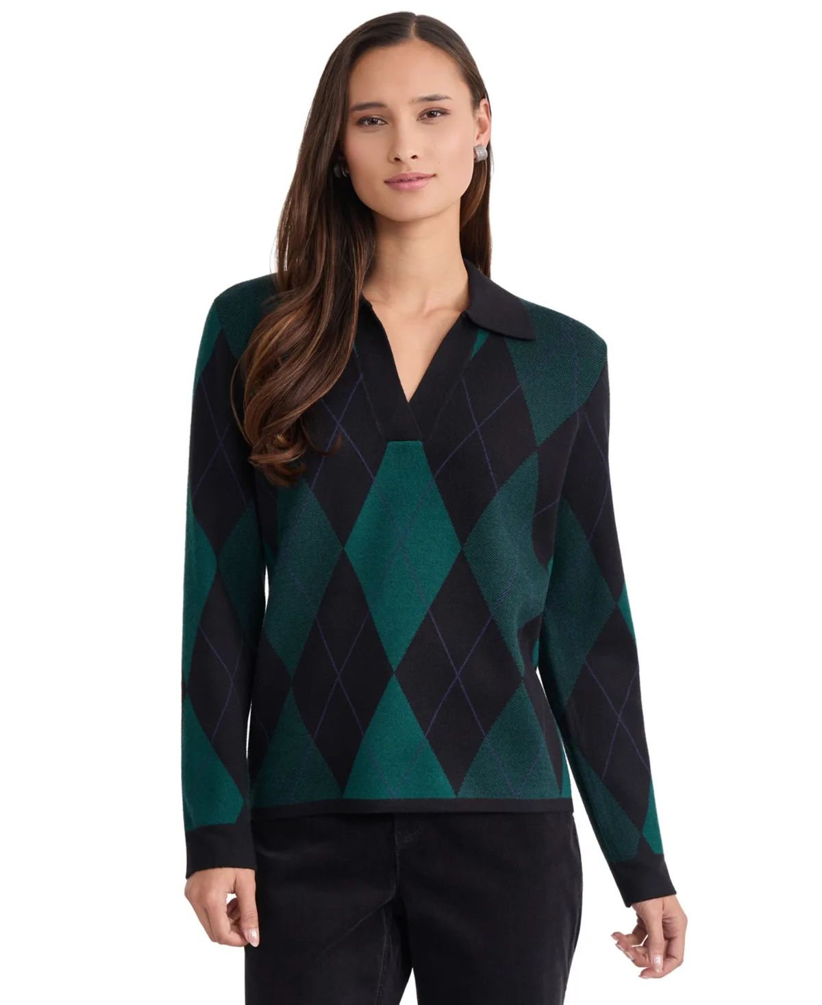 Oversized Argyle Long Sleeve Polo by Jones New York