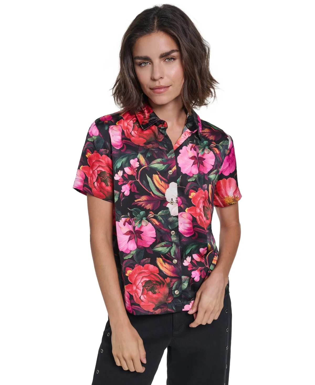 Short-Sleeve Floral-Print Satin Button-Down Blouse by Karl Lagerfeld