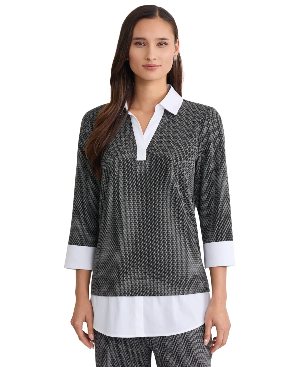 V-Neck 3/4-Sleeve Poplin-Trim Pullover Top by Jones New York