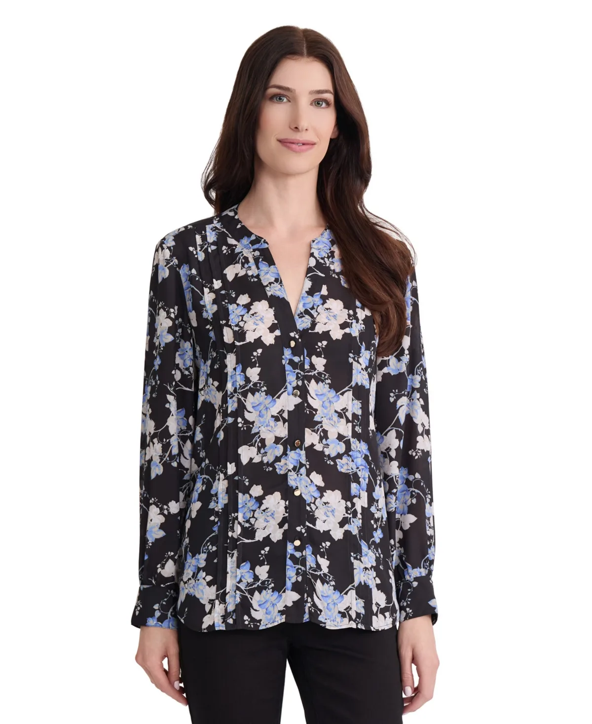 Floral Split-Neck Pintuck Blouse by Jones New York