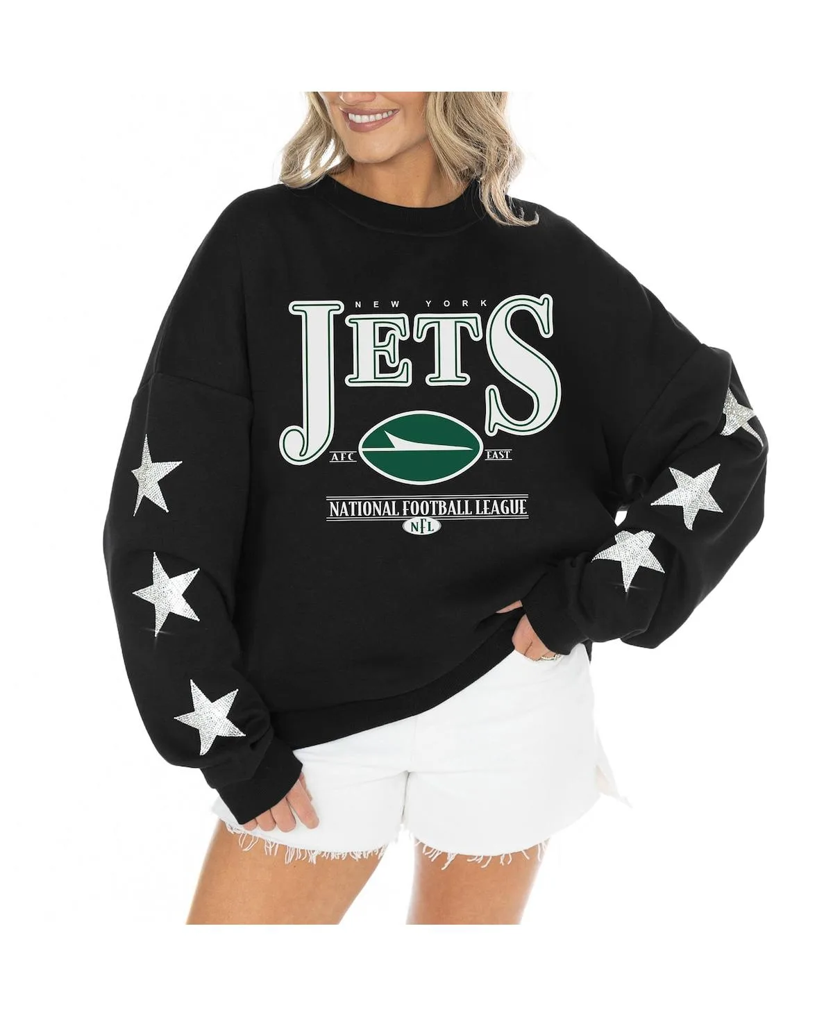 New York Jets Rhinestone Star Sleeve Settle the Score Oversized Tri-Blend Pullover Top by Gameday Couture