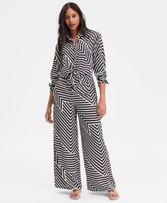 Long Sleeve Striped Button Front Shirt Wide Leg Pants by INC International Concepts