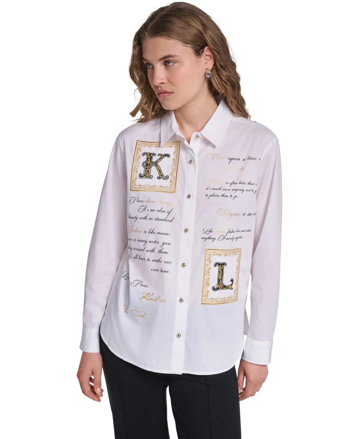 Kl Frames Button Down Long-Sleeve Point Collar Blouse by Karl Lagerfeld