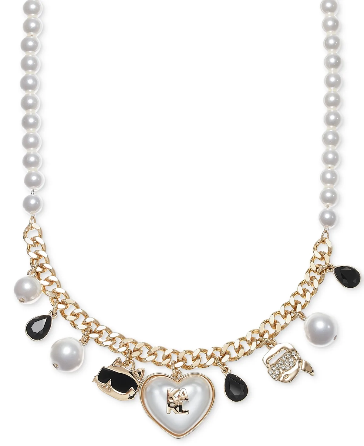 Gold-Tone Crystal and Imitation Pearl Ikon Charm Necklace by Karl Lagerfeld
