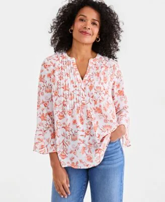 Printed Pintuck Ruffle Sleeve Top by Style & Co