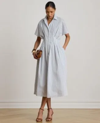 Point Collar Striped Pleated Broadcloth Shirt Dress by Ralph Lauren