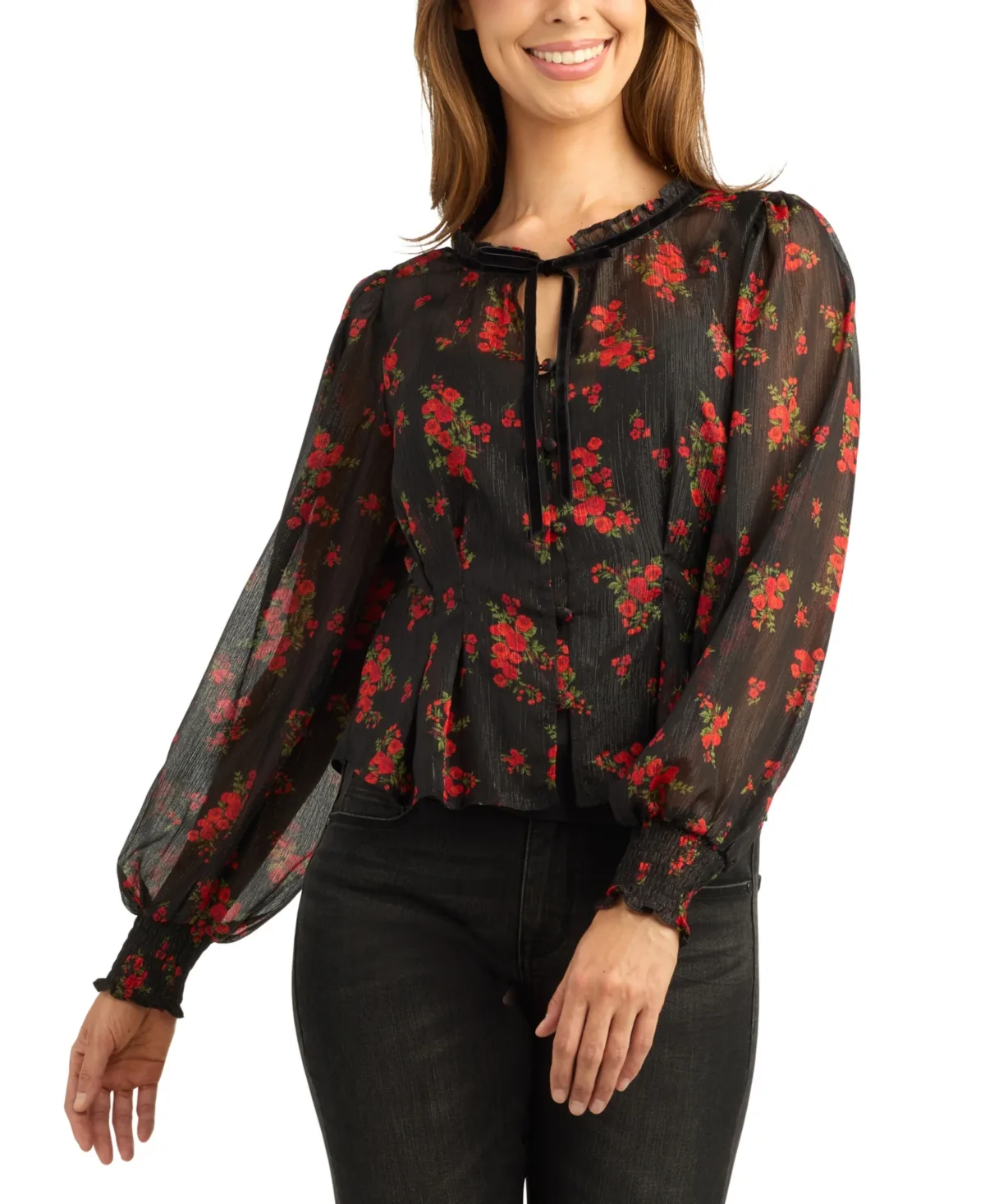 Print Shimmer Long-Sleeve Sheer Floral-Print Blouse by Bcx