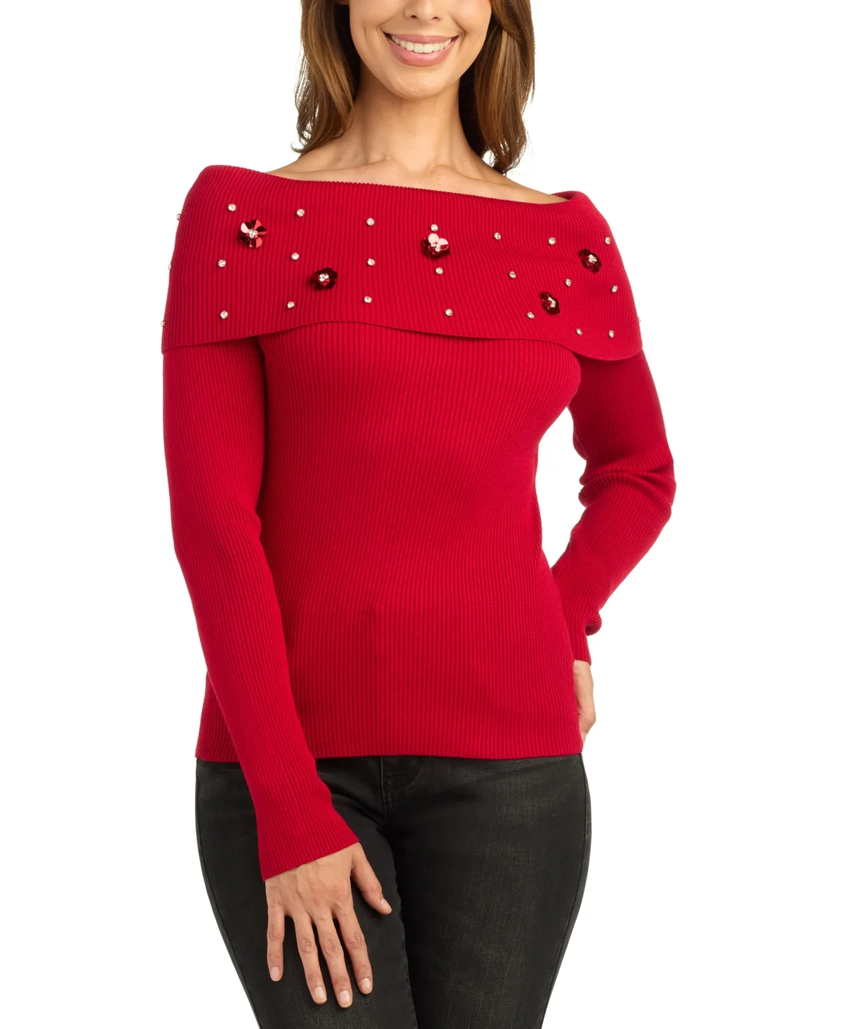 Off-the-Shoulder Long-Sleeve Embellished Pullover Sweater by Bcx