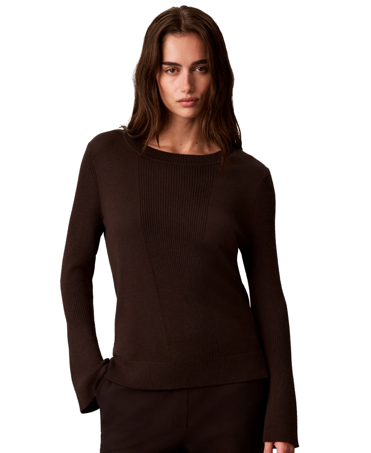 Ribbed Sculpted-Sleeve Crewneck Sweater by Calvin Klein