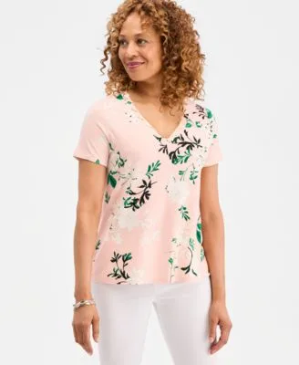 Printed Grommet Knit V Neck Top by JM Collection