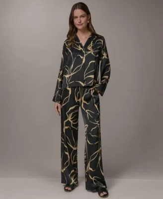 Petite Long Sleeve Collared Neck Top Printed Wide Leg Pants by Donna Karan New York