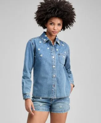 Faux Pearl Embellished Jean Shirt Faux Pearl Embellished Jean Shorts by And Now This