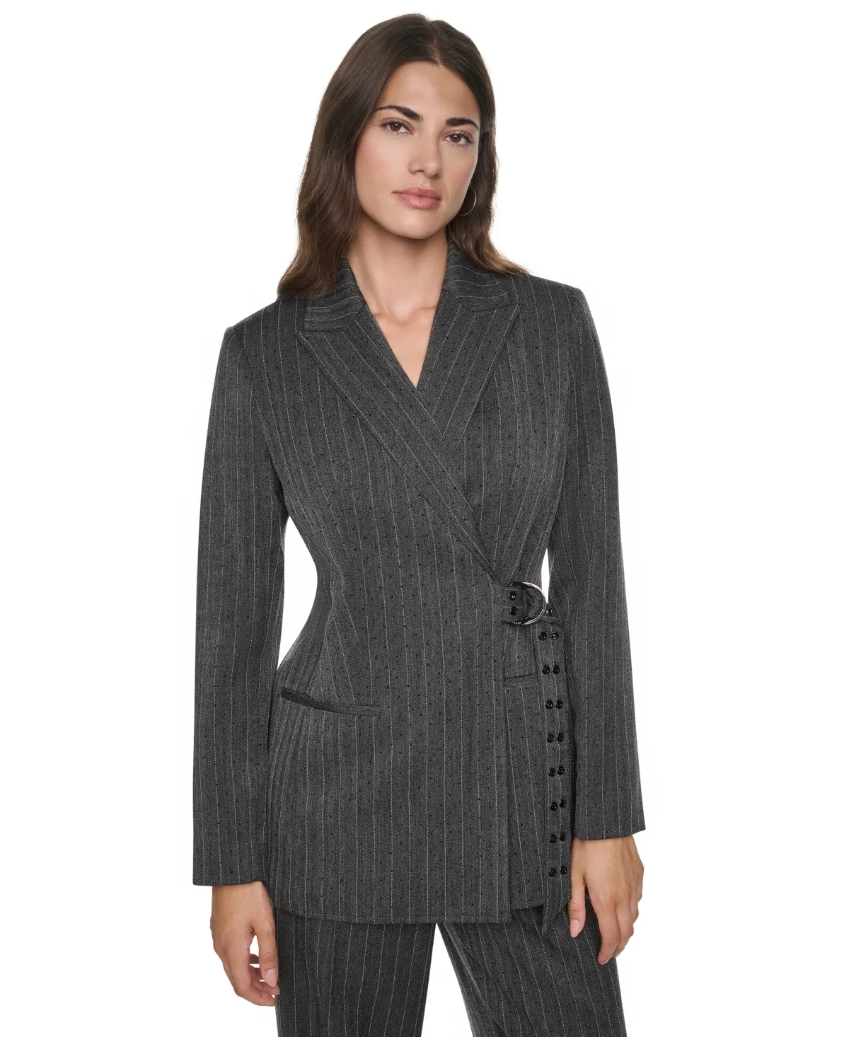 Sparkle Pinstripe Belted Blazer by DKNY