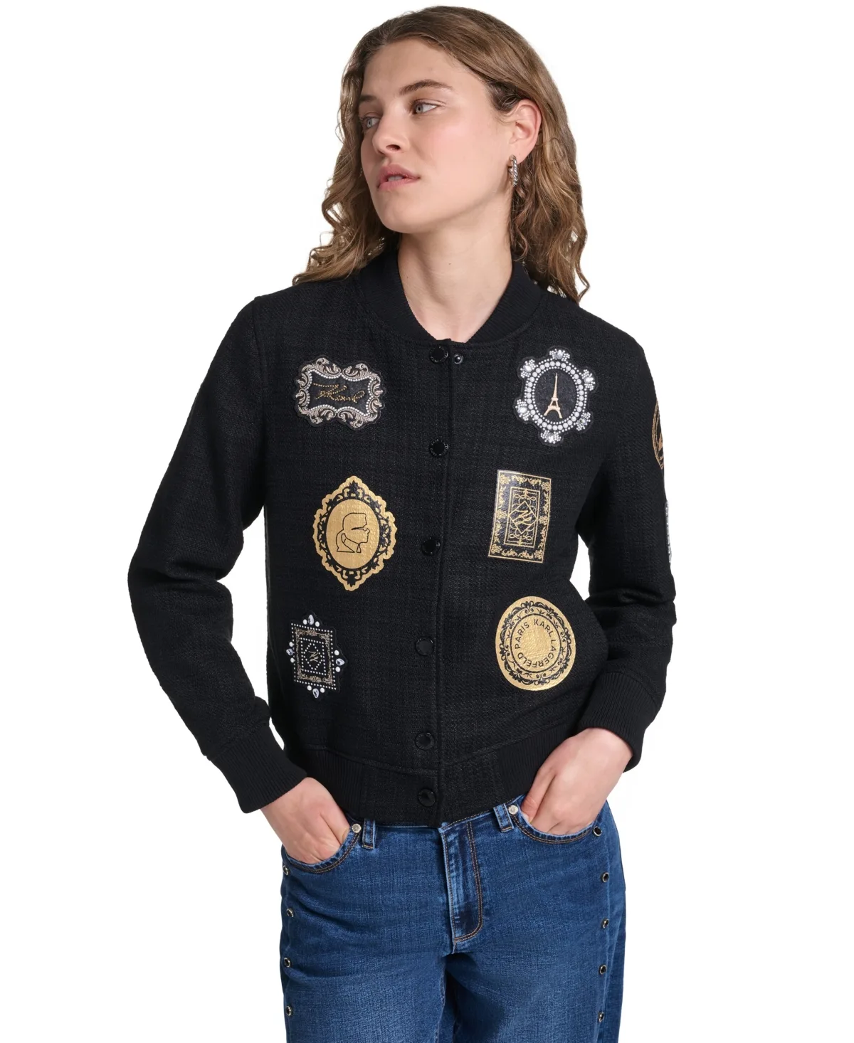 Long-Sleeve Button-Up Patched Shirt Jacket by Karl Lagerfeld