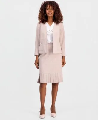 Collarless Open Front Jacket Pleated Hem Pencil Skirt by Kasper