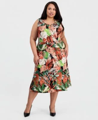 Printed Pleat Neck Sleeveless Top Pull on Flare Midi Skirt by Kasper