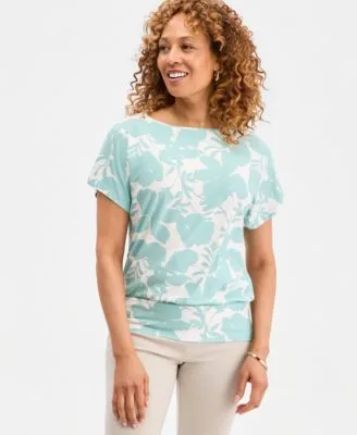 Printed Banded Hem Short Sleeve Knit Top by JM Collection