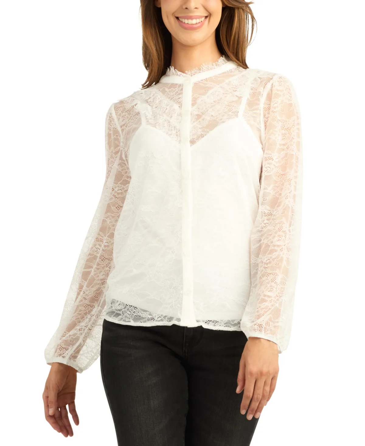 Fine Knit Lace Mock Neck Long-Sleeve Blouse by Bcx