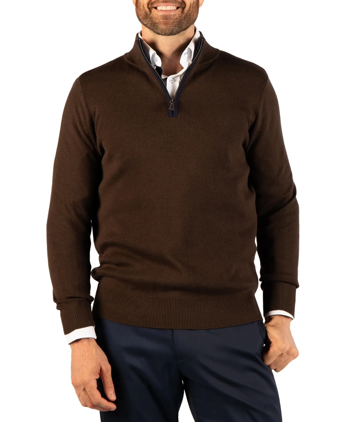 Fine-Knit Mock-Neck Quarter-Zip Sweater with Contrast Tipping