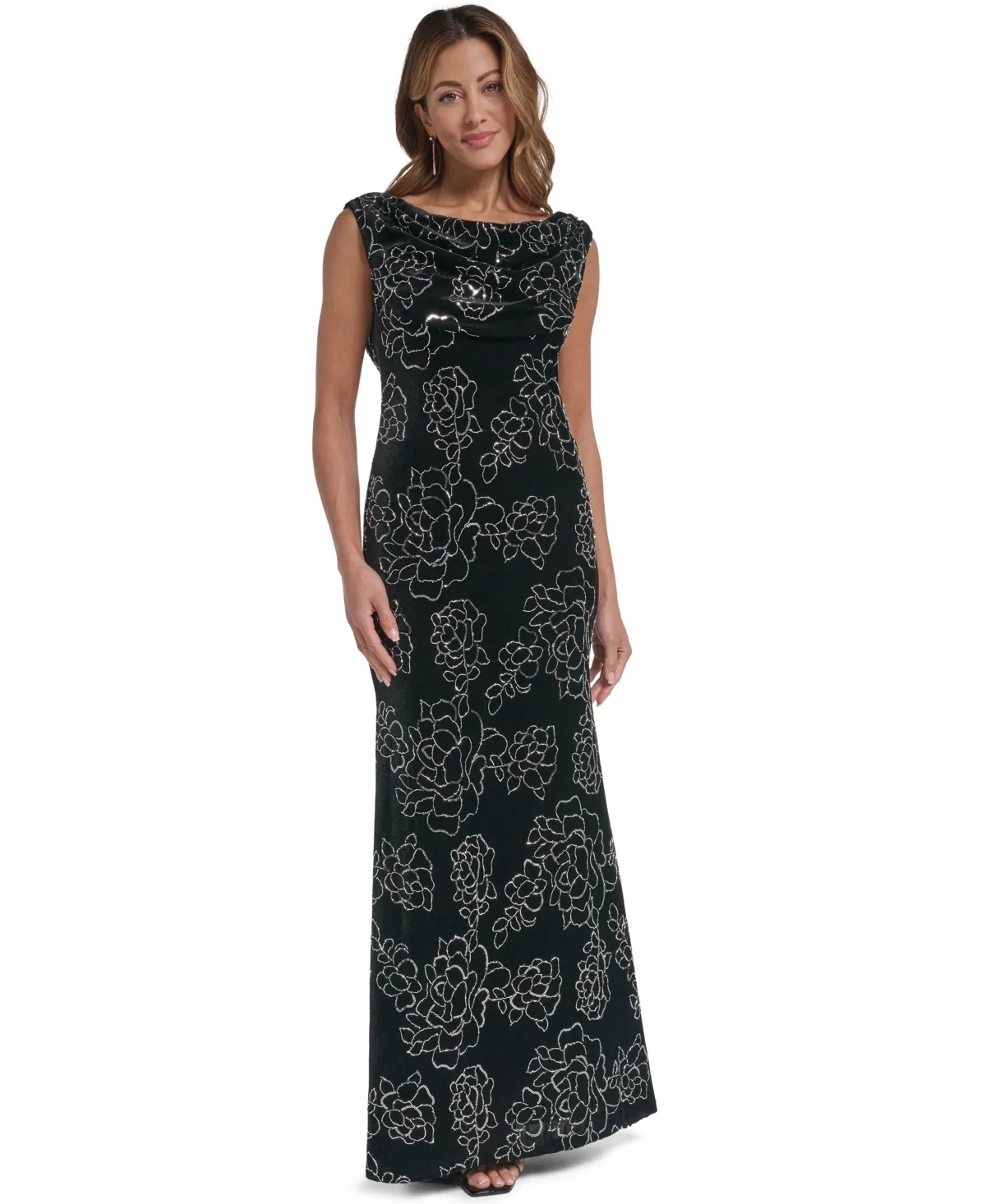 Floral Cowl-Neck Sleeveless Gown by Eliza J