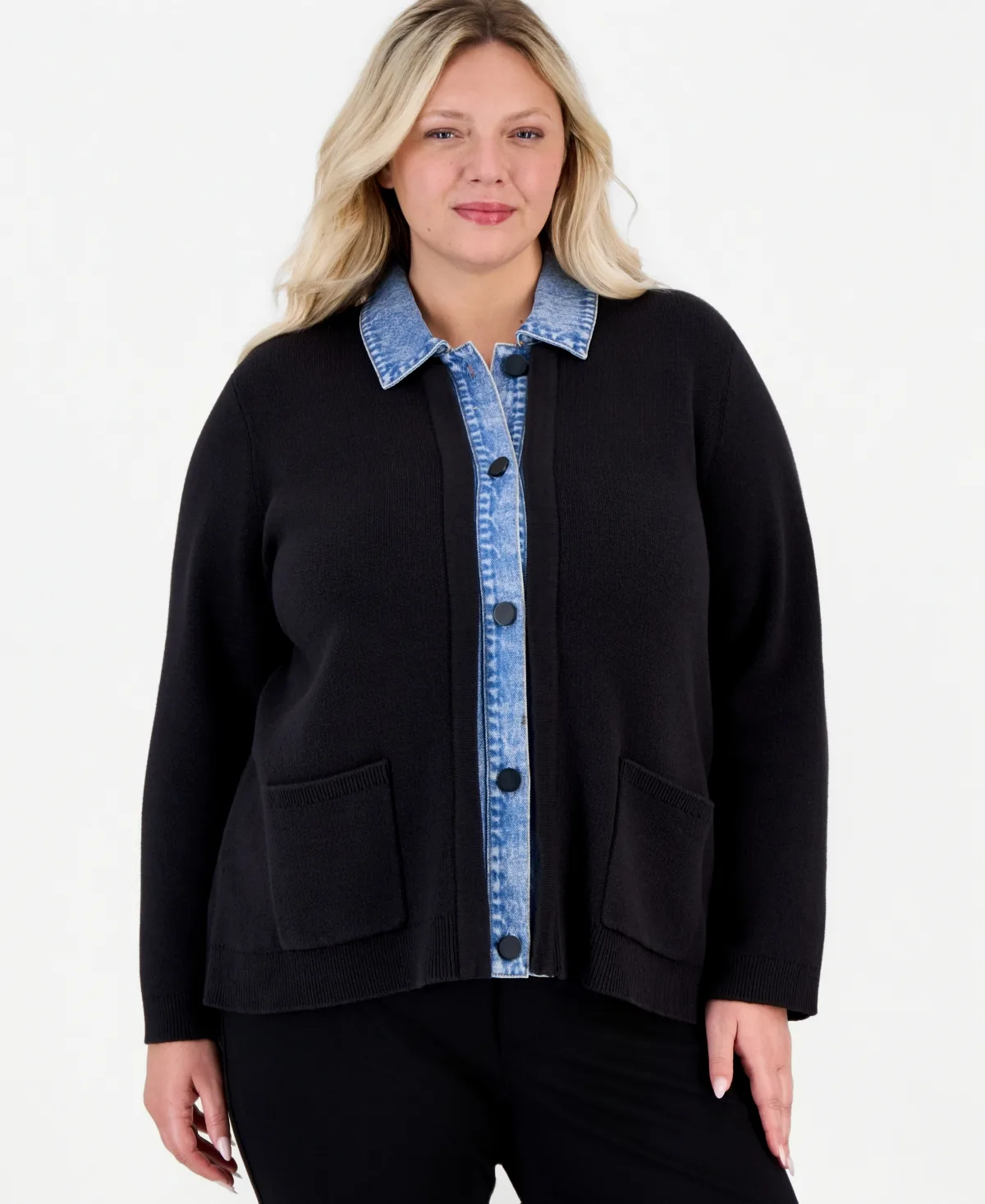 Denim Collared Notch Collar Cardigan Jacket by Jones New York