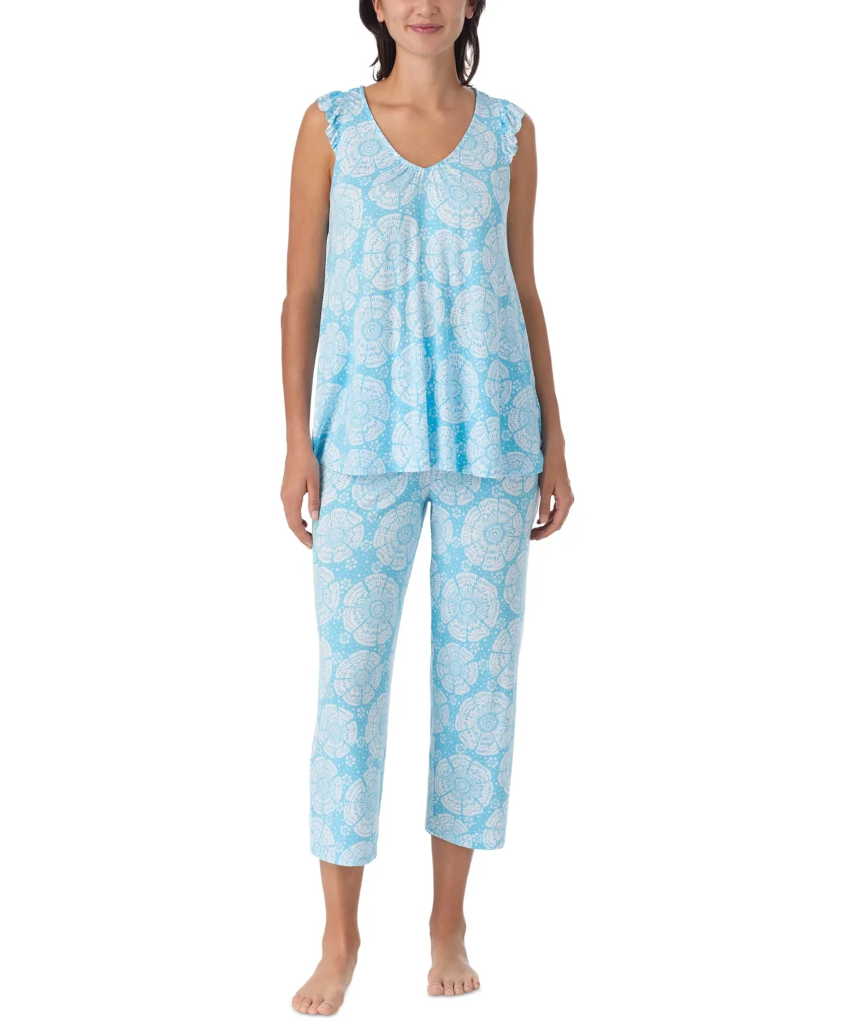 Short-Sleeve Top & Cropped Pants Jersey, 2-Piece Pajama Set by Ellen Tracy