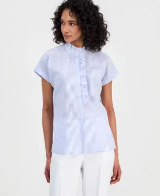 Striped Ruffled Neck Button Front Blouse by Anne Klein