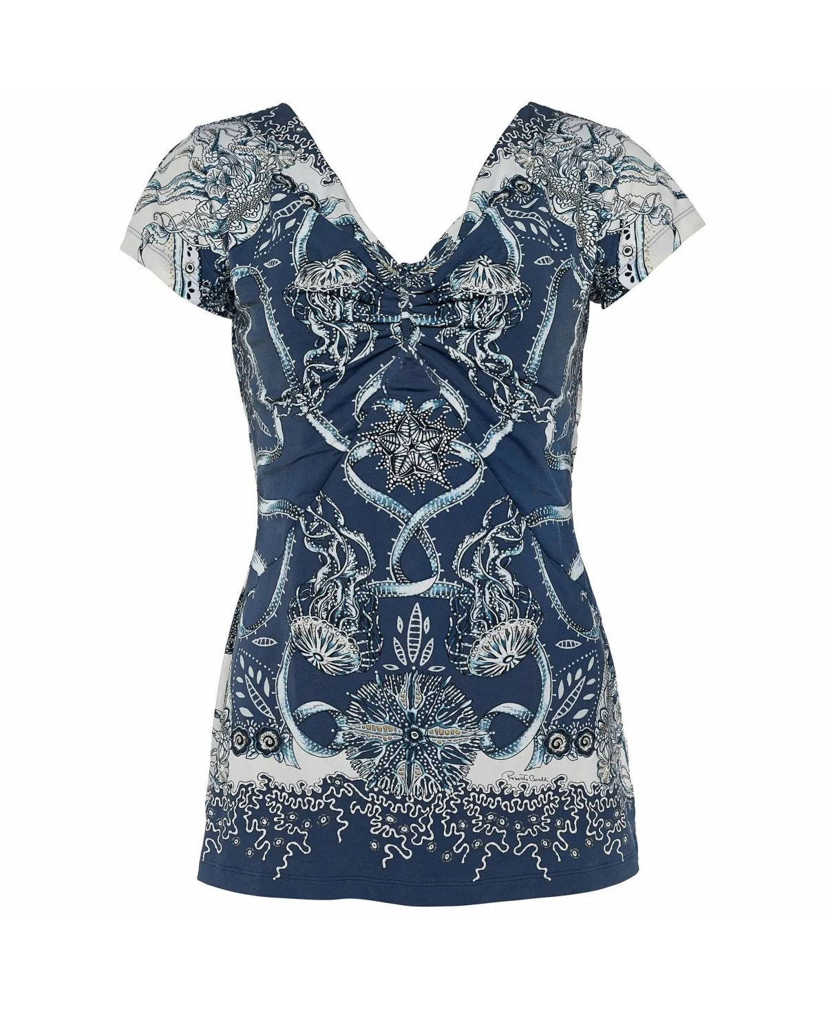 Roberto Cavalli Marine Print Ruched V-Neck Top by Roberto Cavalli