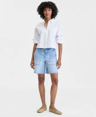 High Rise a Line Denim Utility Bermuda Shorts by On 34th