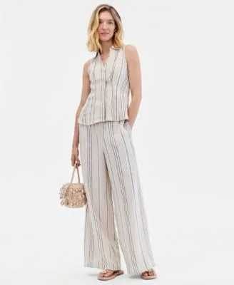 Striped Linen Blend Sleeveless Shirt Wide Leg Pants
