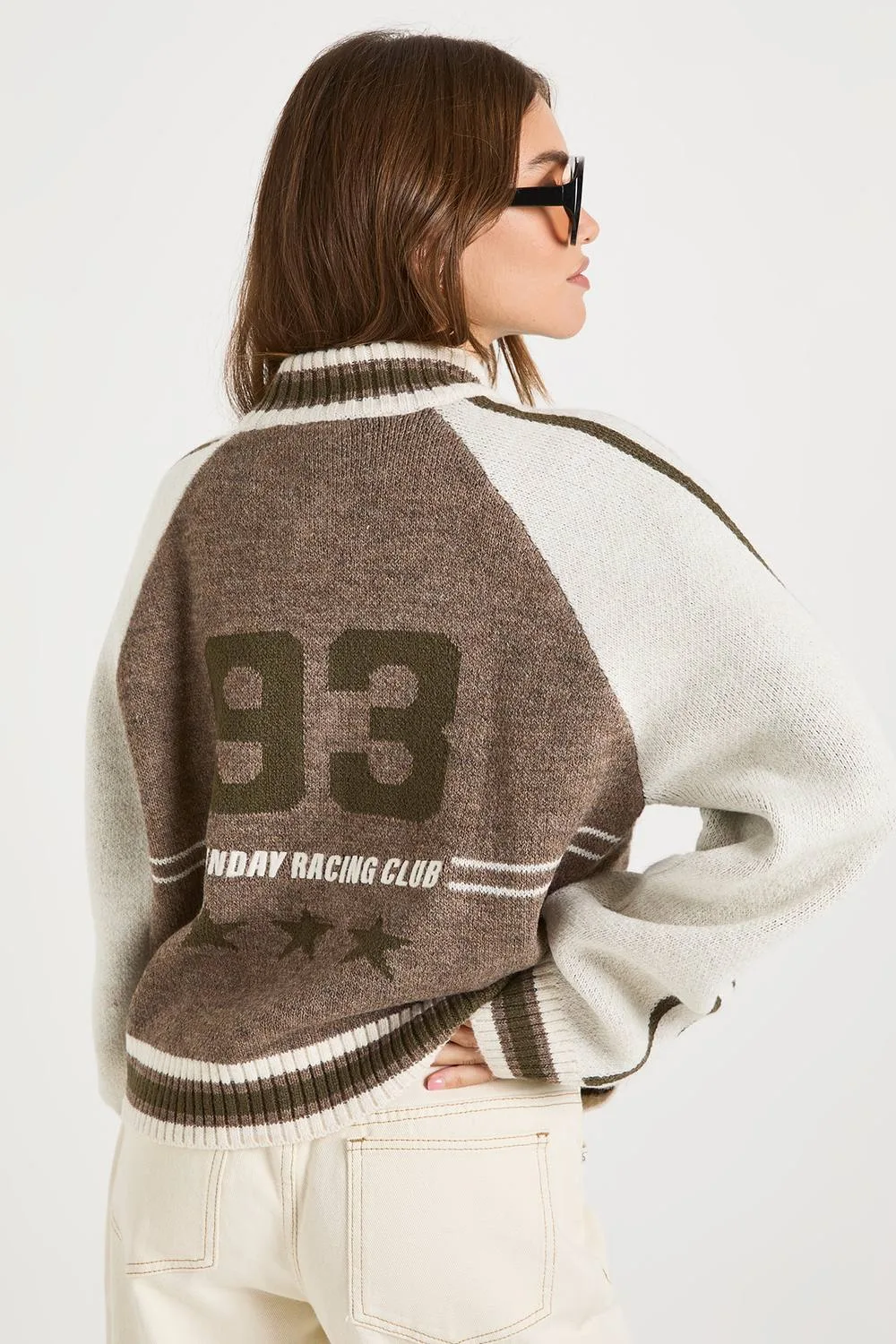 Sporty Sunday Racing Club 93 Knitted Zip Neck Oversized Jumper - Stone by boohoo