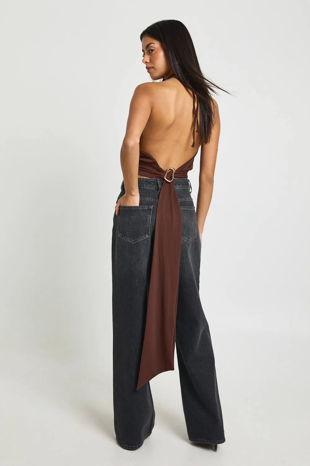 Sculpting Matte Slinky Cinched Waist Halterneck Top