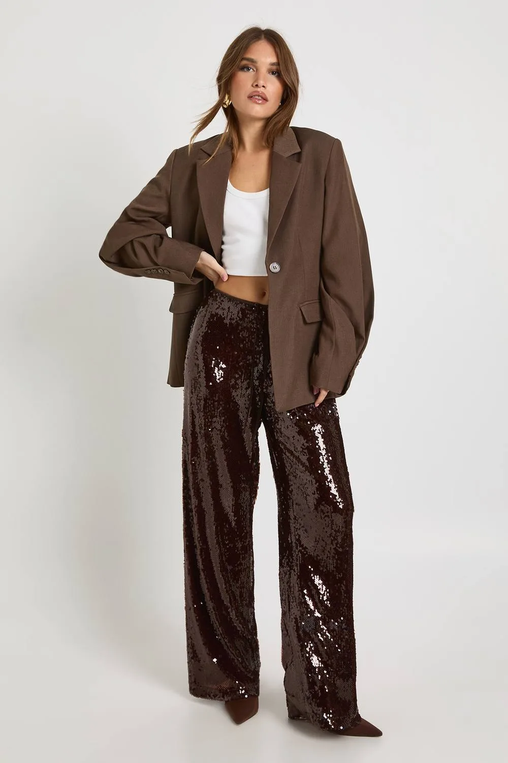 Low Rise Drawcord Waistband Sequin Trouser by boohoo