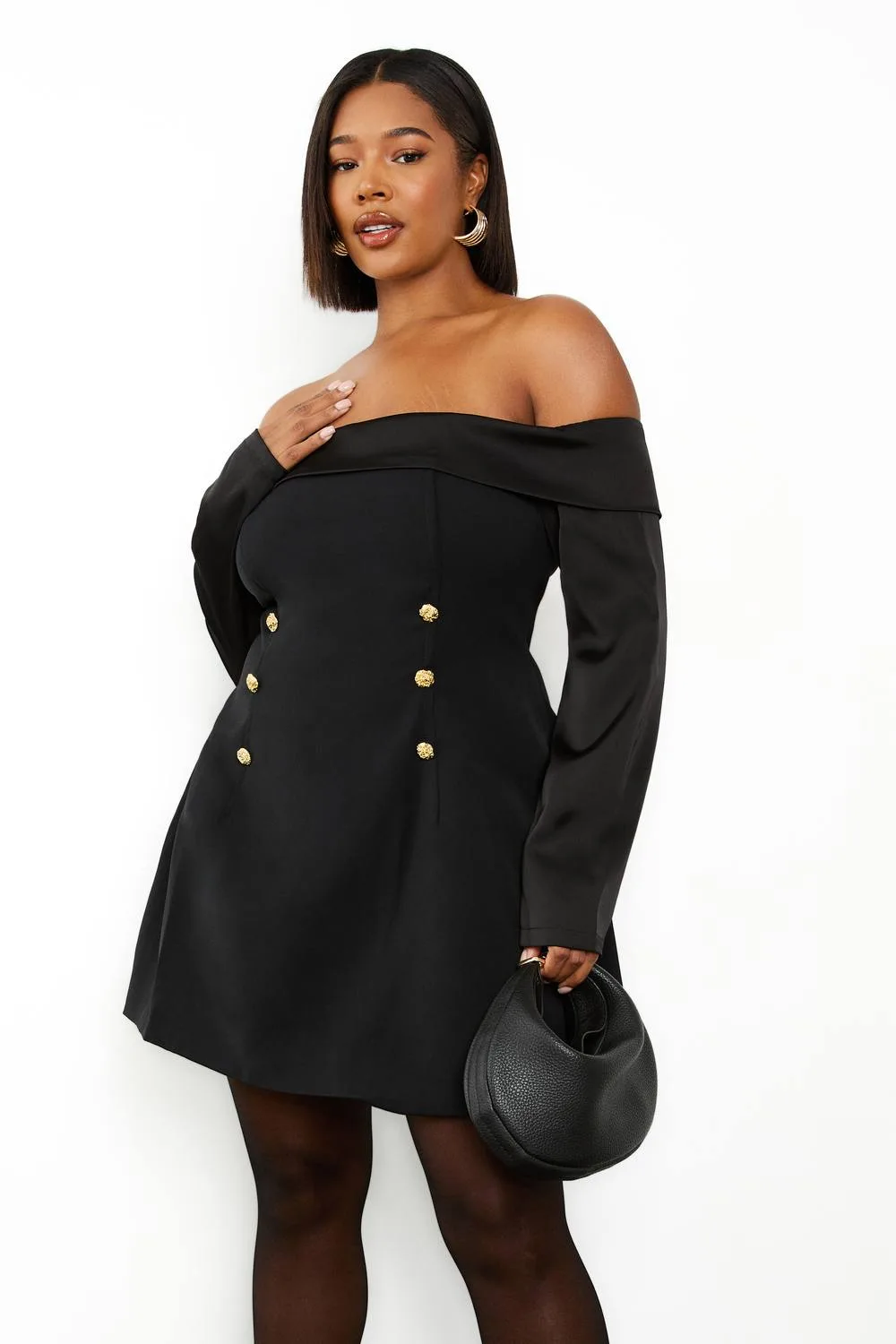 Gold Button Bardot Skater Dress by boohoo