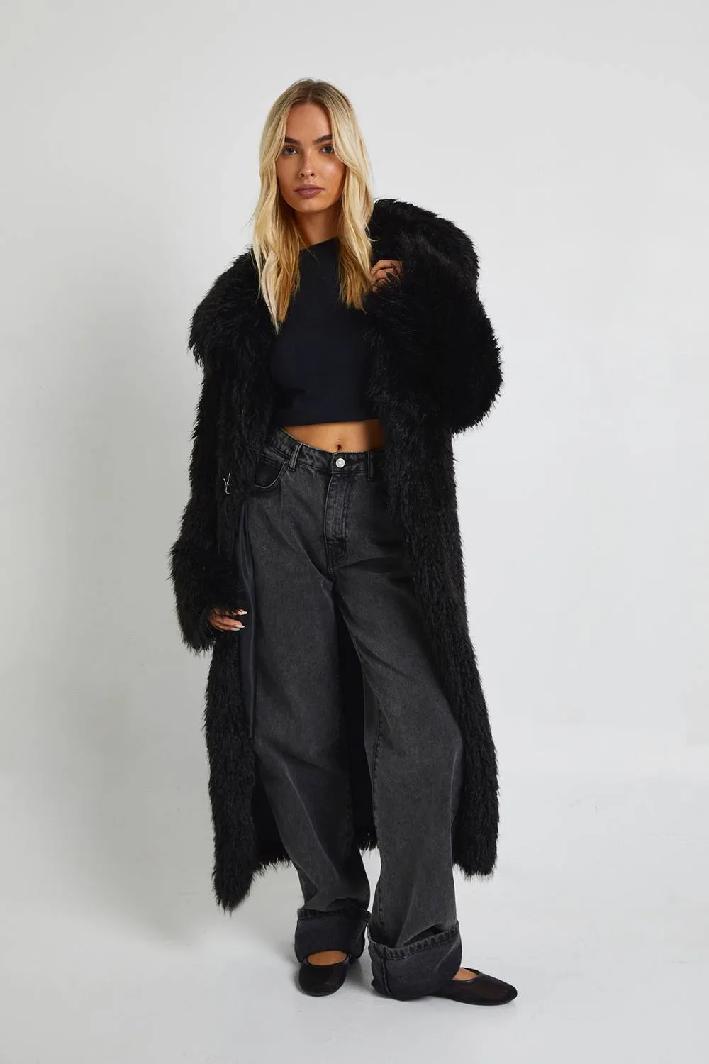 Shaggy Faux Fur Maxi Coat with Clasps by boohoo