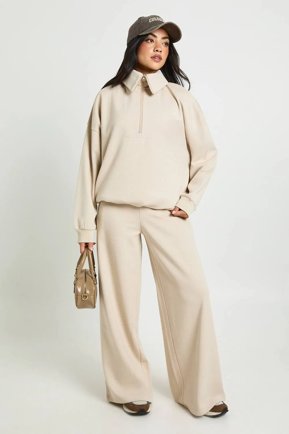 Half Zip Sweatshirt Interlock Tracksuit - Stone by boohoo
