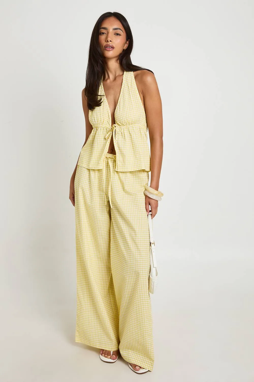 Gingham Seam Detail Halterneck Top & Wide Leg Trouser Co-Ord by boohoo