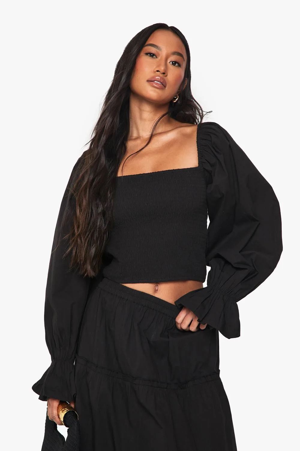 Shirred Cotton Poplin Blouse by boohoo