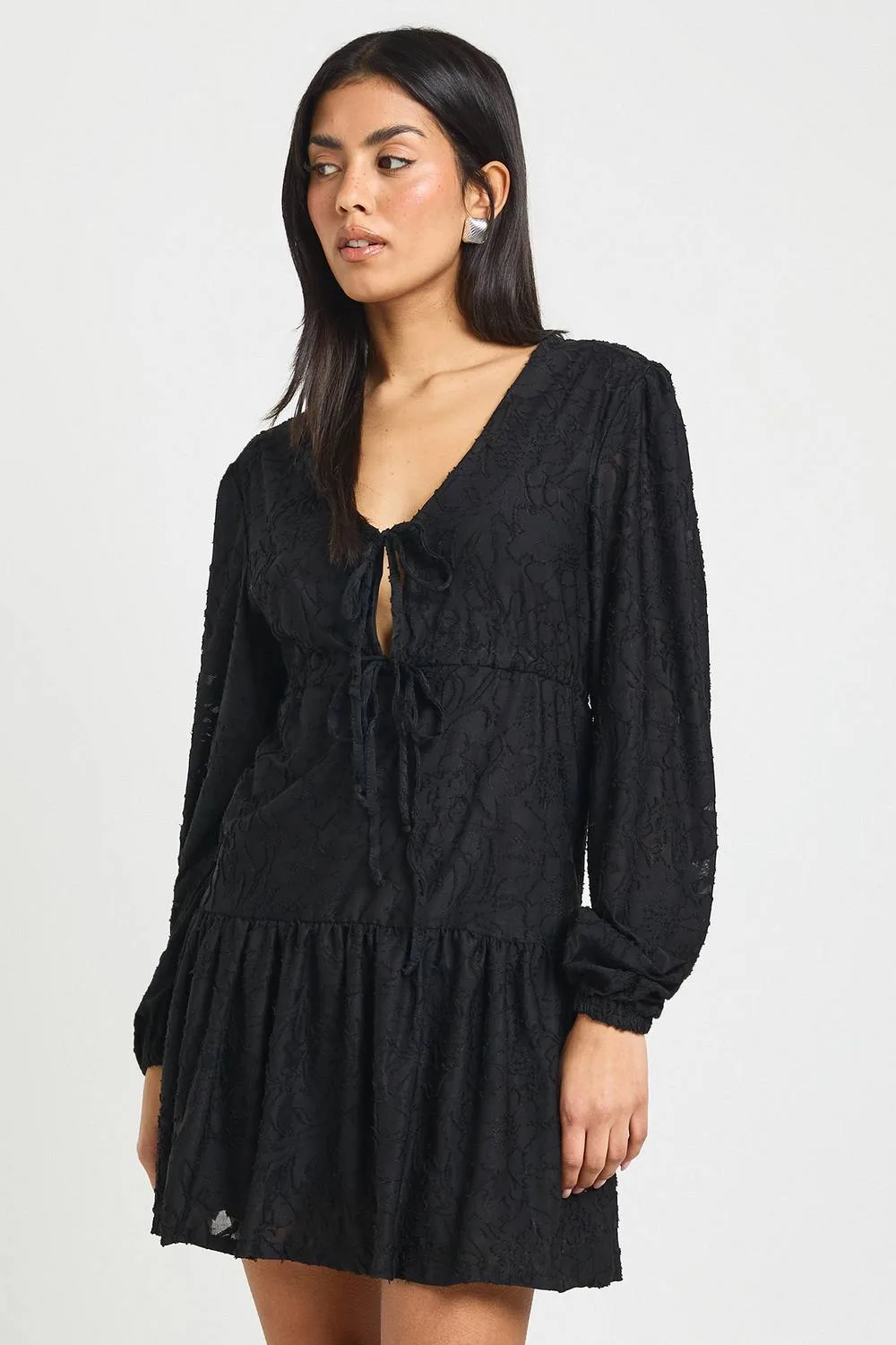 Burnout Floral Tie Front Smock Dress by boohoo
