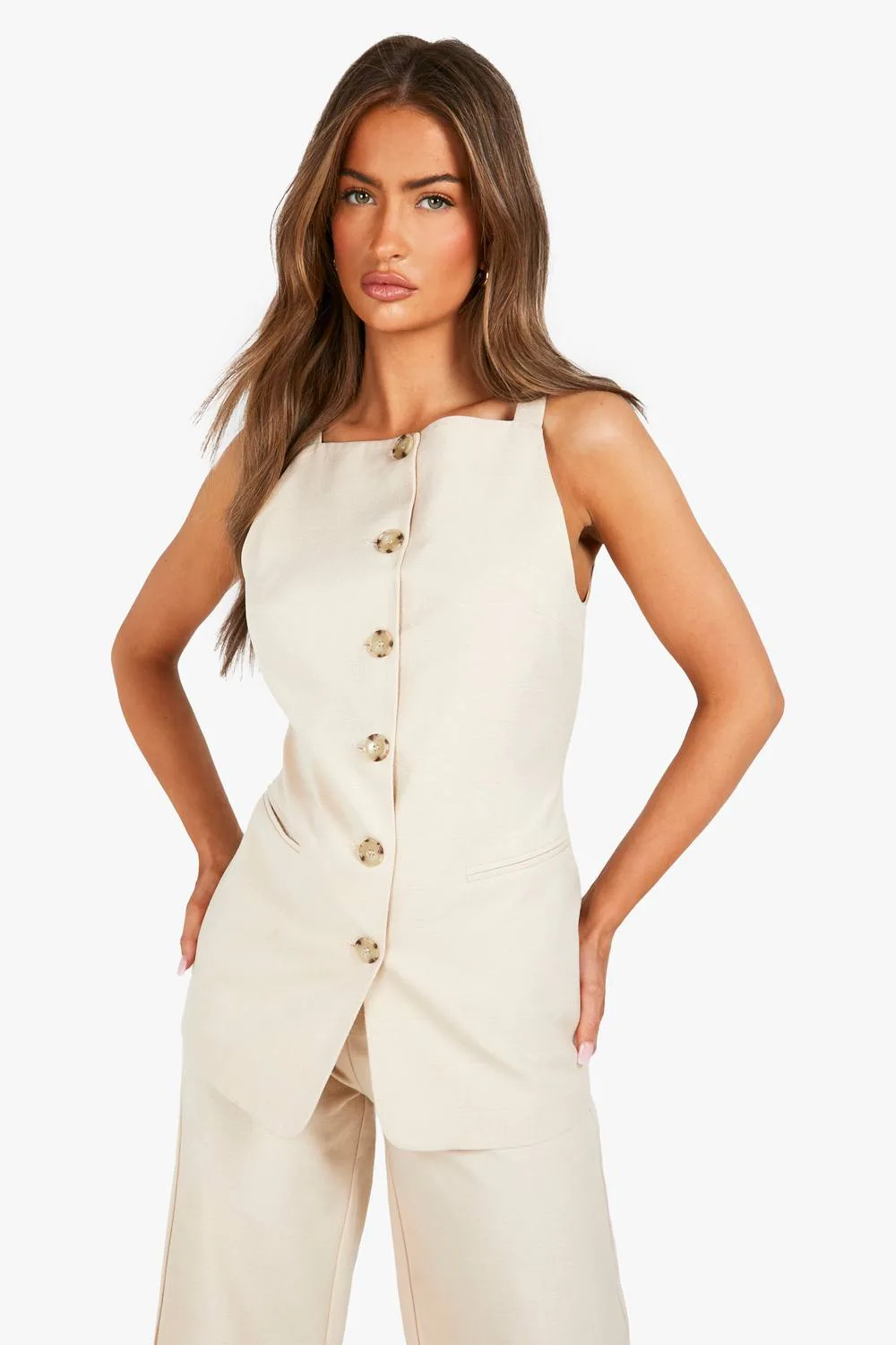 Textured Mock Horn Button Front Longline Waistcoat by boohoo
