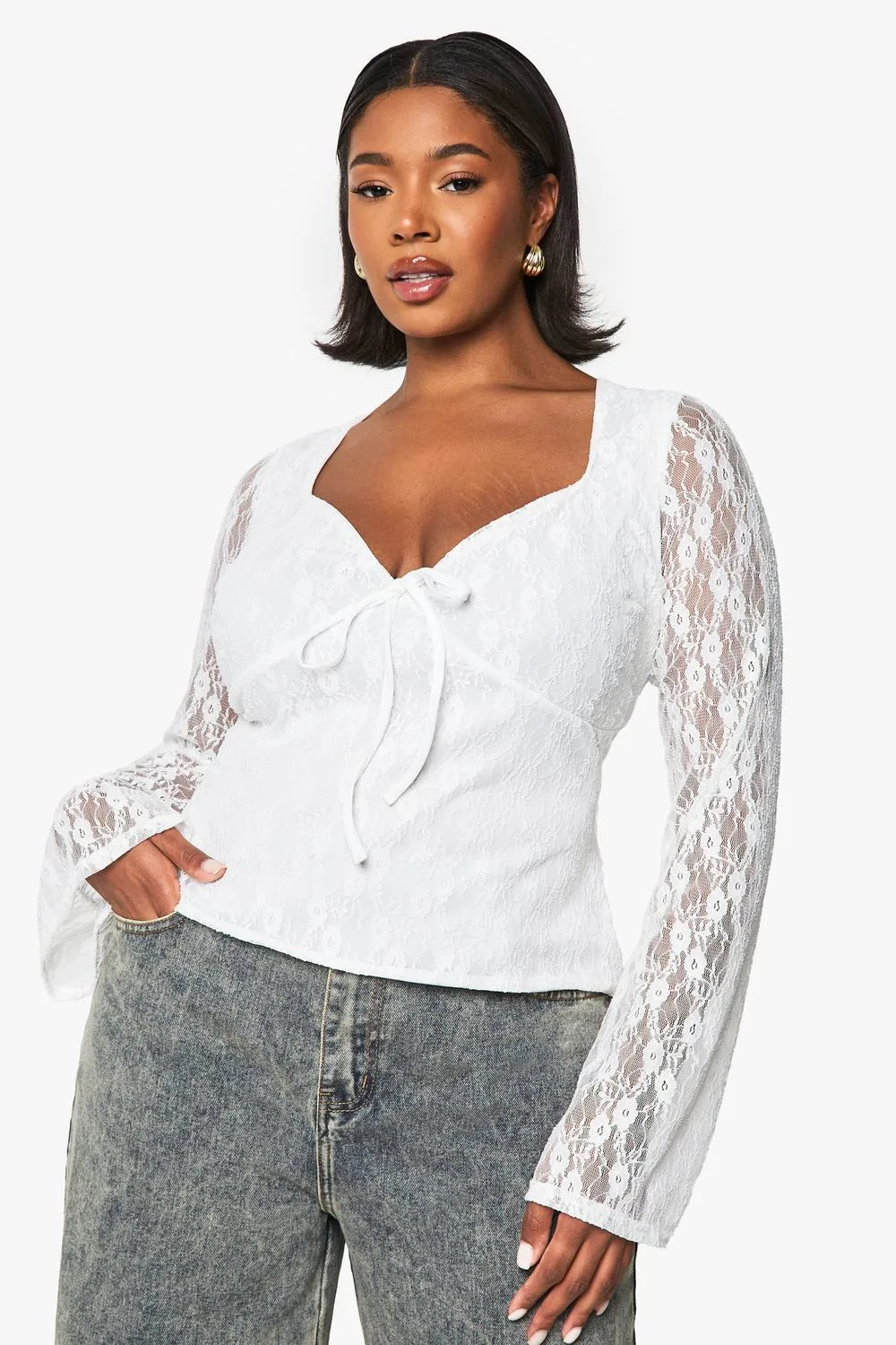 Tie Front Long Sleeve Flare Sleeve Knitted Top by boohoo