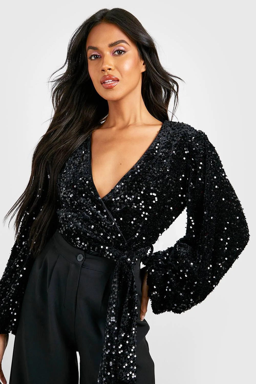 Volume Sleeve Velvet Sequin Bodysuit by boohoo