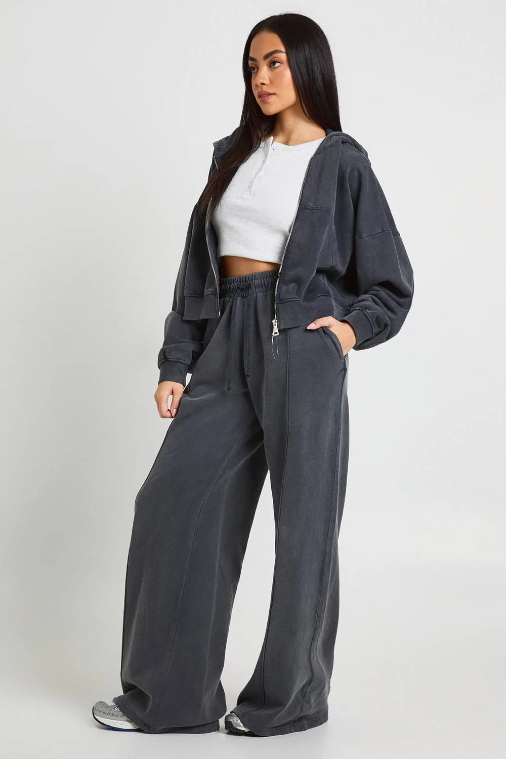 Washed Pintuck Detail Deep Waistband Wide Leg Jogger Pants